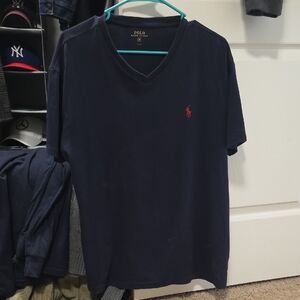 Polo by Ralph Lauren Men's Dark Blue V-Neck T-Shirt Medium